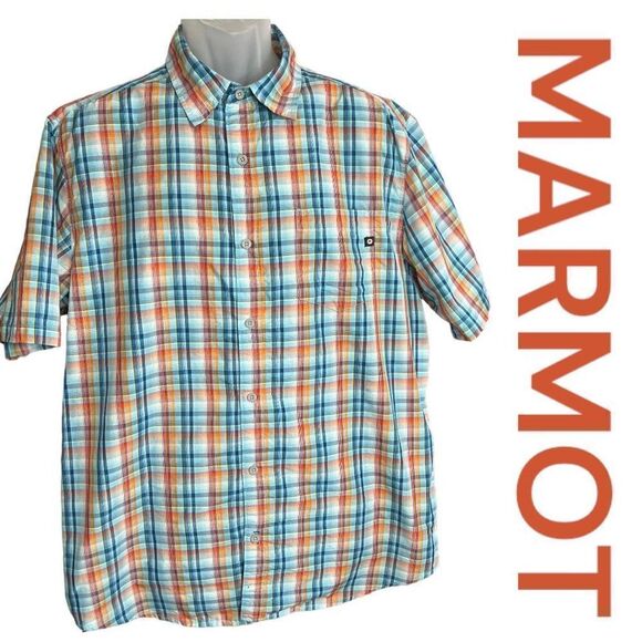 MARMOT Shirt Men's Button Down Plaid Short Sleeve L Blue Orange - Picture 1 of 11
